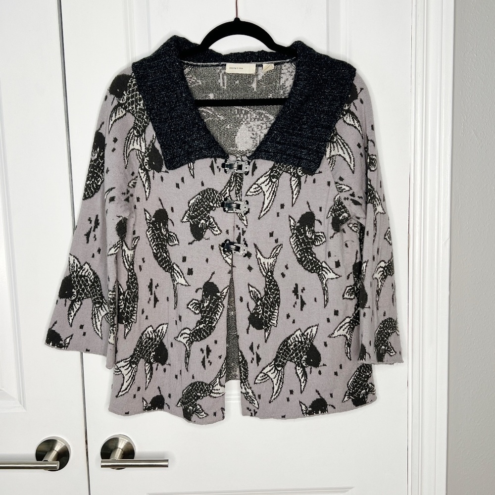 Anthropologie Sleeping On Snow Koi Fish Cardigan Sweater Jacket SZ L Grey